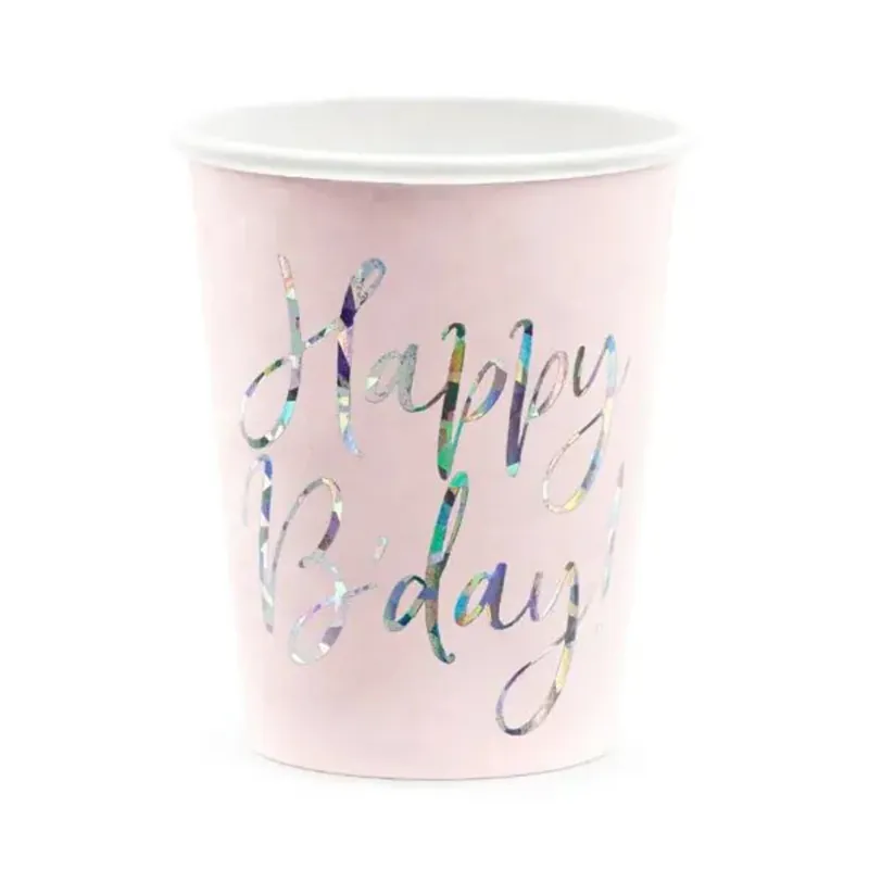 Populär Party Deco pappmuggar Happy B‘day! ljus puderrosa 6 st 220 ml