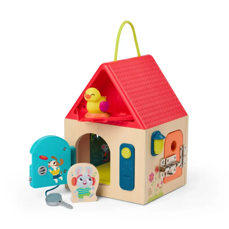 B. Toys lekstuga i trä med spärrar Endast idag