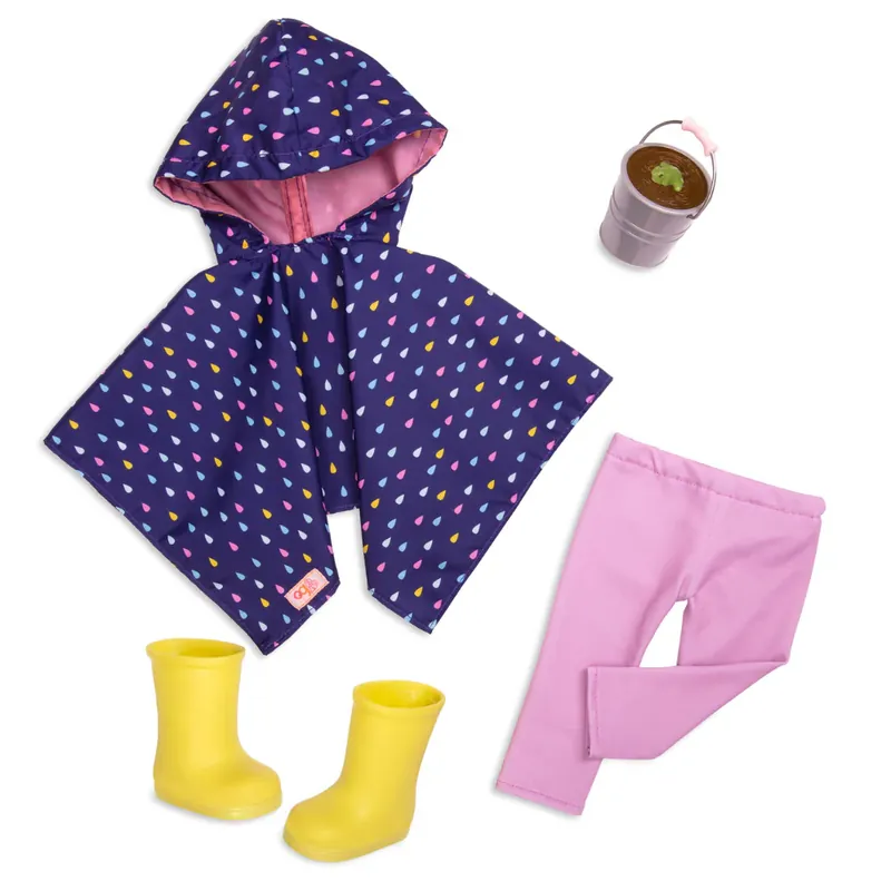 Premium Our Generation dockklädesset - med regnponcho och gummistövlar