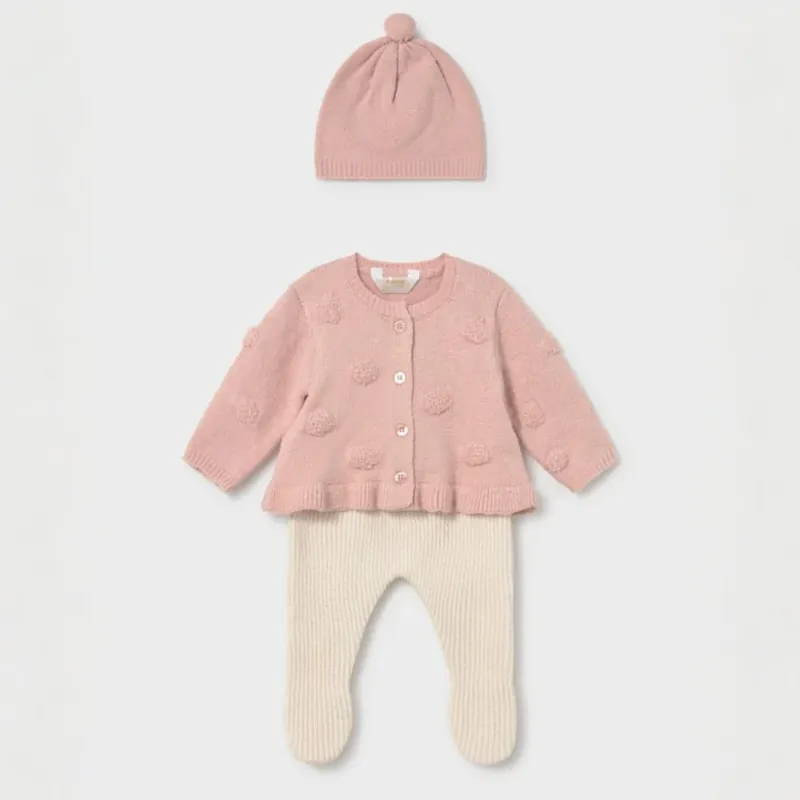 Mayoral Babyset 3 delar kofta, byxor med fötter och mössa Nude Begränsad tid