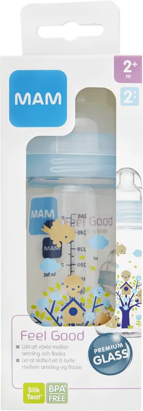 MAM Feel Good nappflaska glas 260 ml - blandade färger och mönster, 1 st Begränsat erbjudande