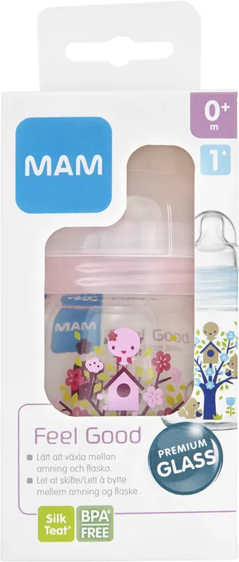 Kundfavorit MAM Feel Good nappflaska glas 170 ml - blandade färger och mönster, 1 st
