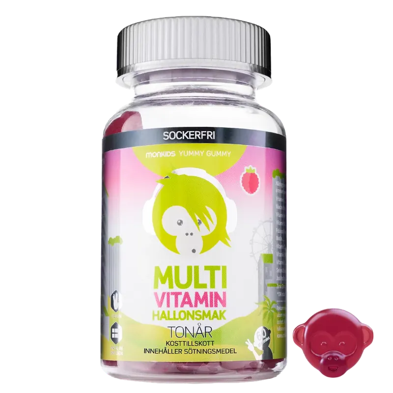 Monkids Multivitamin Sockerfri Tonår Hallon, 60st Endast denna vecka