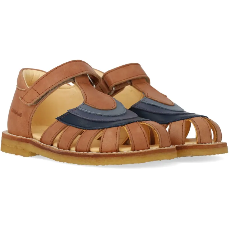 Angulus Tan/Navy/Indigo/Blue Foch Colourblock Regnbuesandal Med Kardborreband Erbjudande