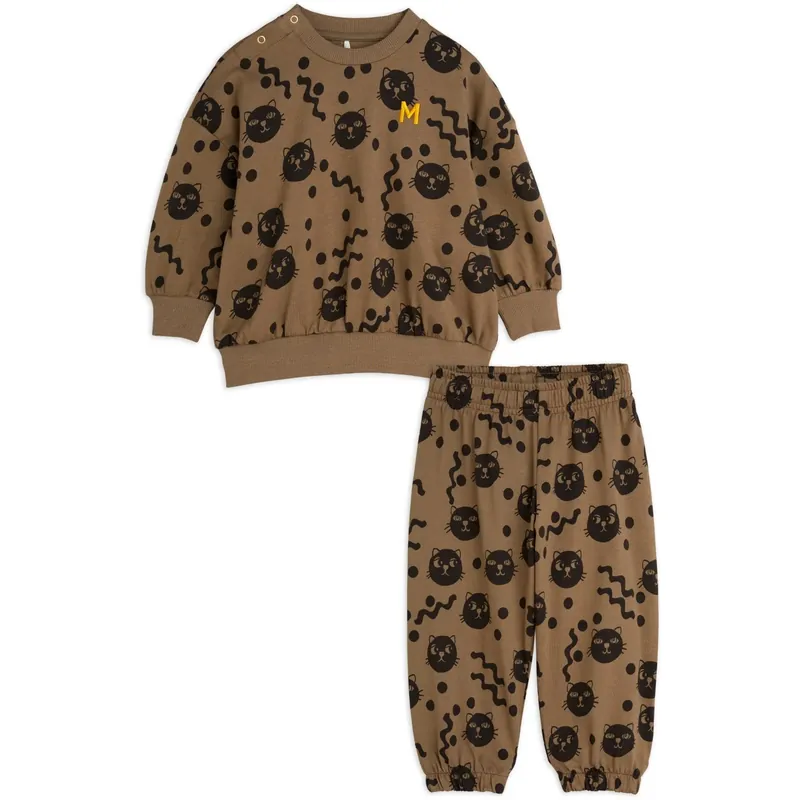 I lager Mini Rodini Brown Squiggly Cats AOP Sweatset