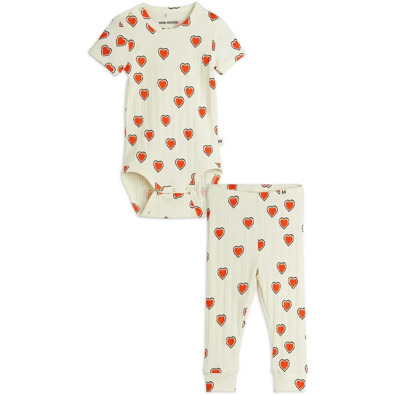 Mini Rodini Offwhite Outlined Hearts AOP Baby Set Utförsäljning