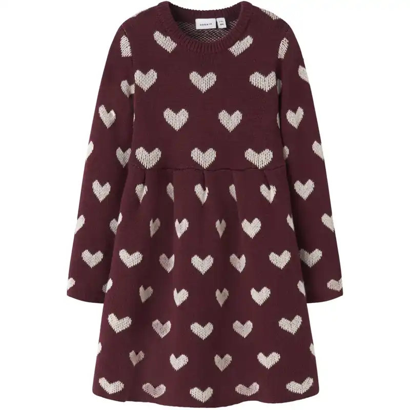 Lågt pris Name It Burgundy Peyote Heart Nmfoana Ls Stickad Klänning