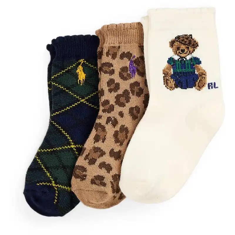 Billig Ralph Lauren Baby Ivory/Navy/Tan Baby Girl Crew Strumpor 3-Pack
