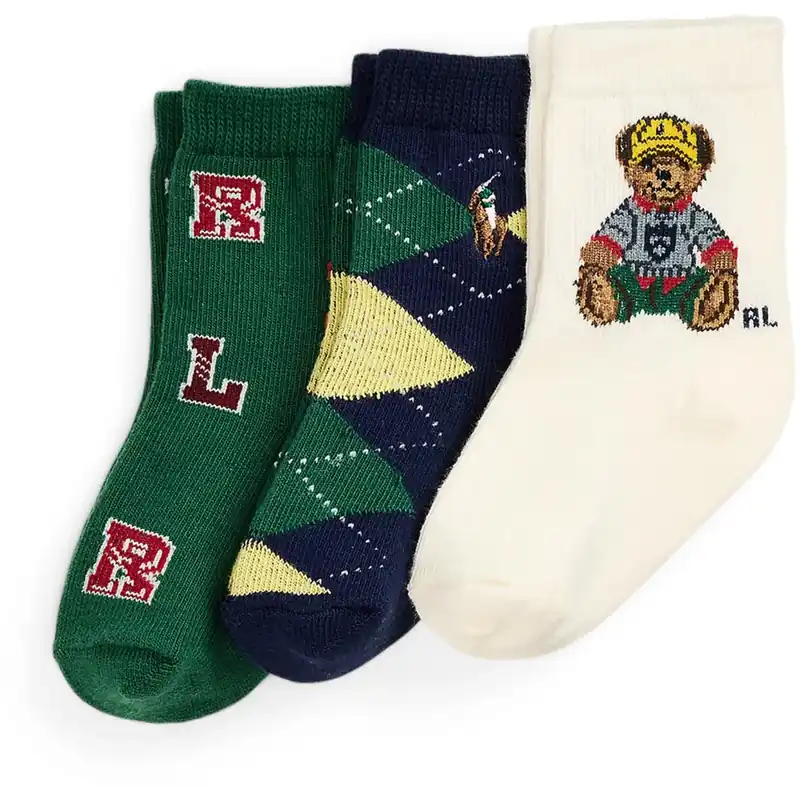 Snabb leverans Ralph Lauren Baby Ivory/Navy/Green Baby Boy Crew Strumpo 3-Pack