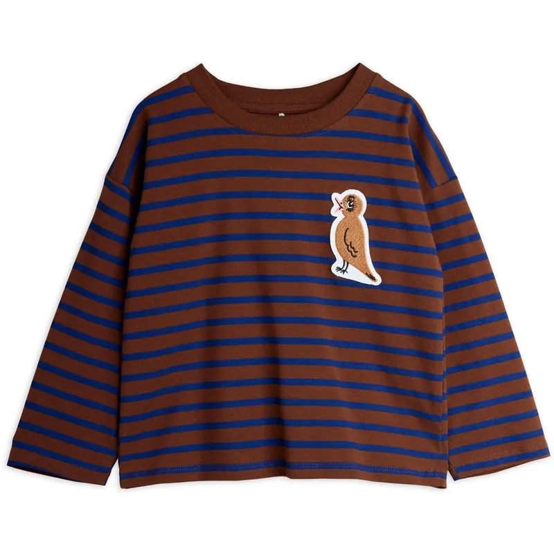 Mini Rodini Brown Stripe Bird Patch Ls Tee Sista chansen