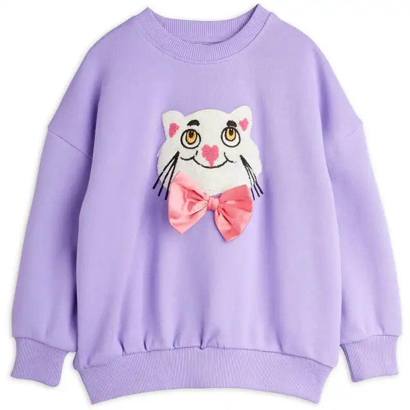 Mini Rodini Purple Cat Med Bowtie Chenille Sweatshirt Rea