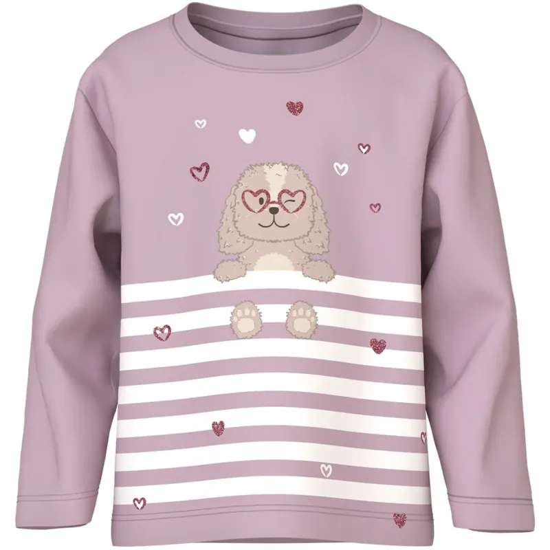 Name It Dawn Pink Dog Heart Stripe Nmfvaliane Ls Nreg Topp Snabb frakt