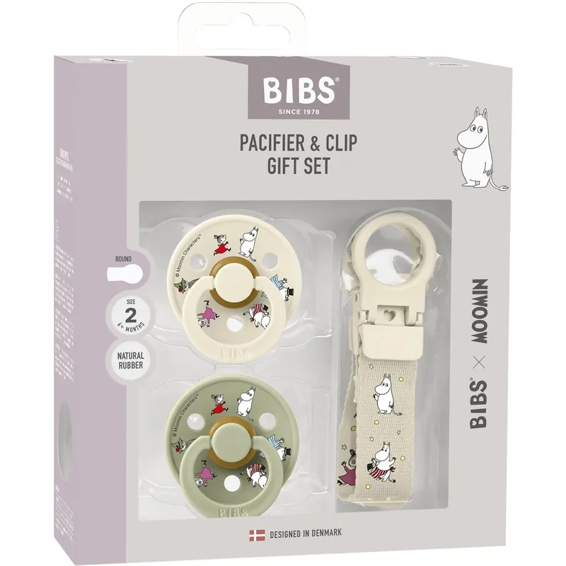 Bibs X Moomin Ivory/sage Colour Napp & Loop Clip Gift Sett Latex Begränsat antal